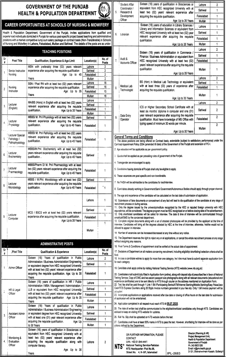 Teaching & Administration Jobs in Health & Population Department Islamabad